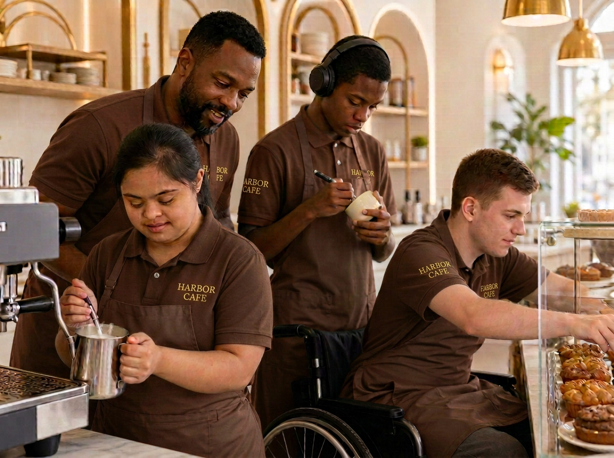 A student barista serving a customer at a café counter