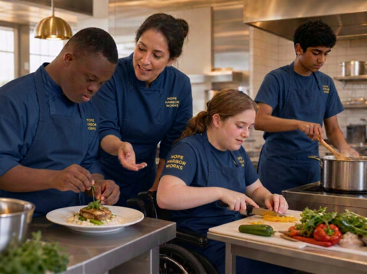 A student plating a dish in a professional teaching kitchen