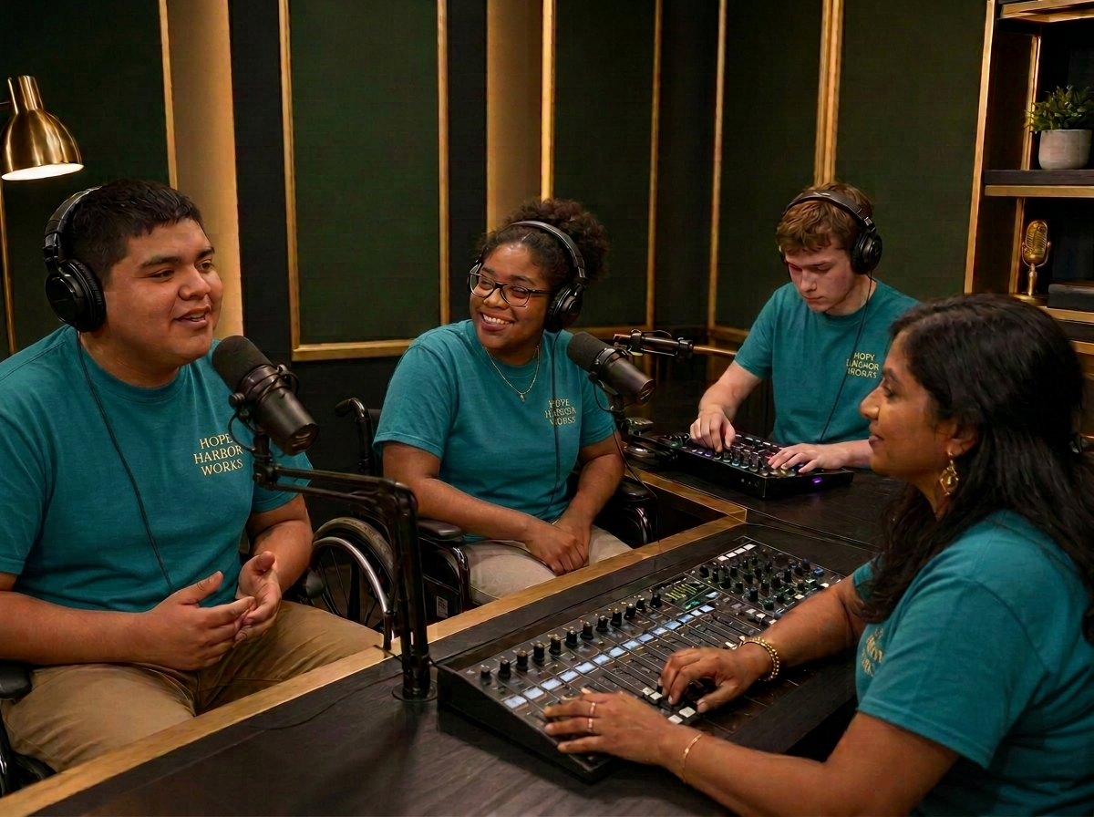 Two students recording in a podcast studio