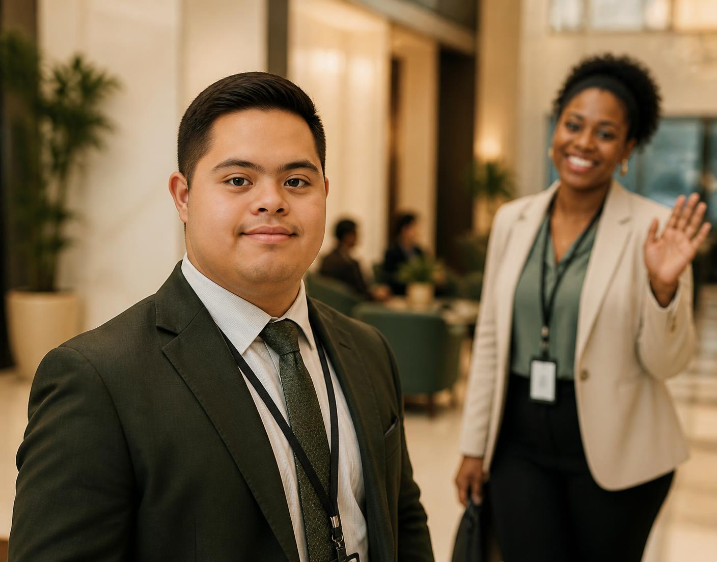 A confident young professional in a workplace lobby