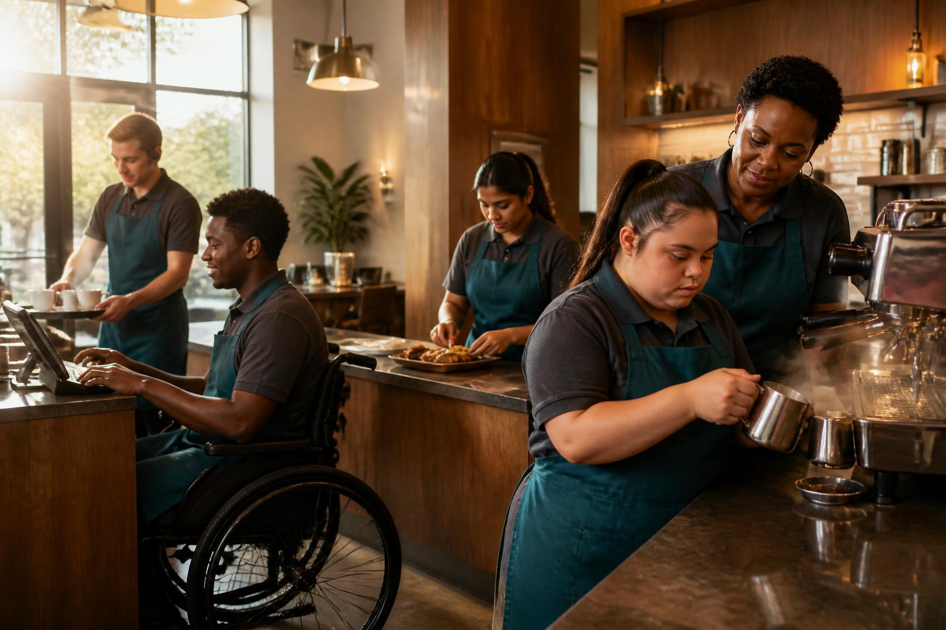 Students of all abilities working a shift in the Harbor Café training academy with an instructor alongside them
