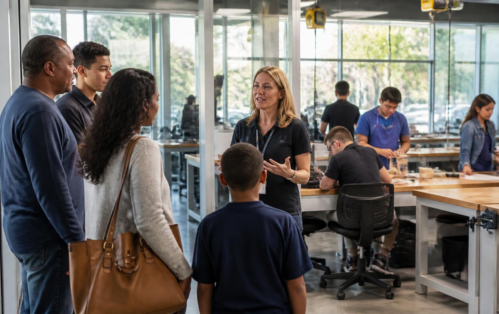 Families touring the campus labs with an instructor
